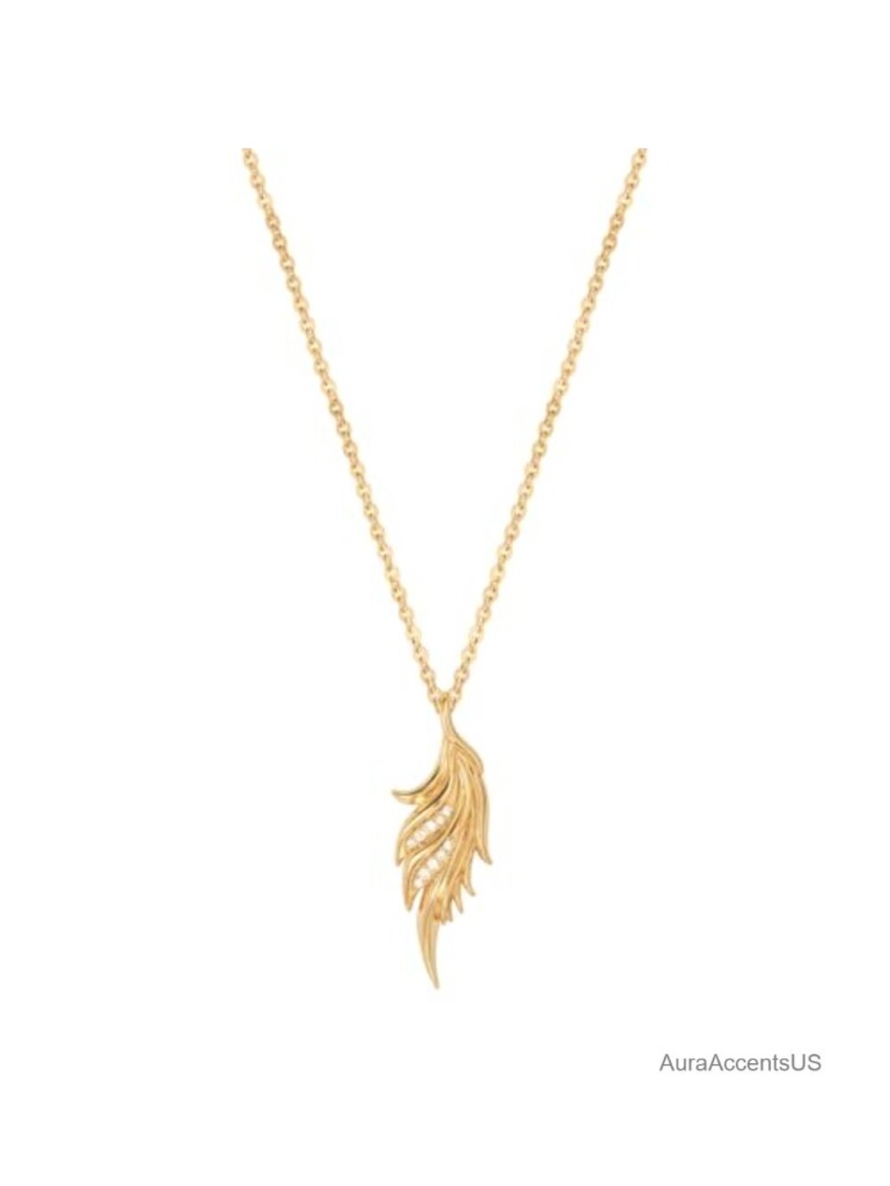 14K Gold Plated Phoenix Feather Pendant Necklace with Cubic Zirconia